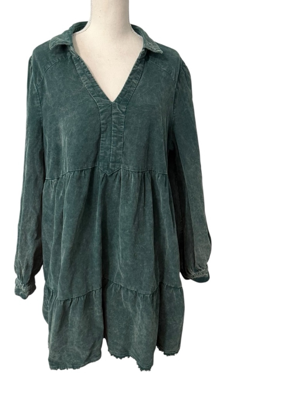 Umgee Washed Green Tiered V-Neck Long Sleeve Tunic Dress 1XL